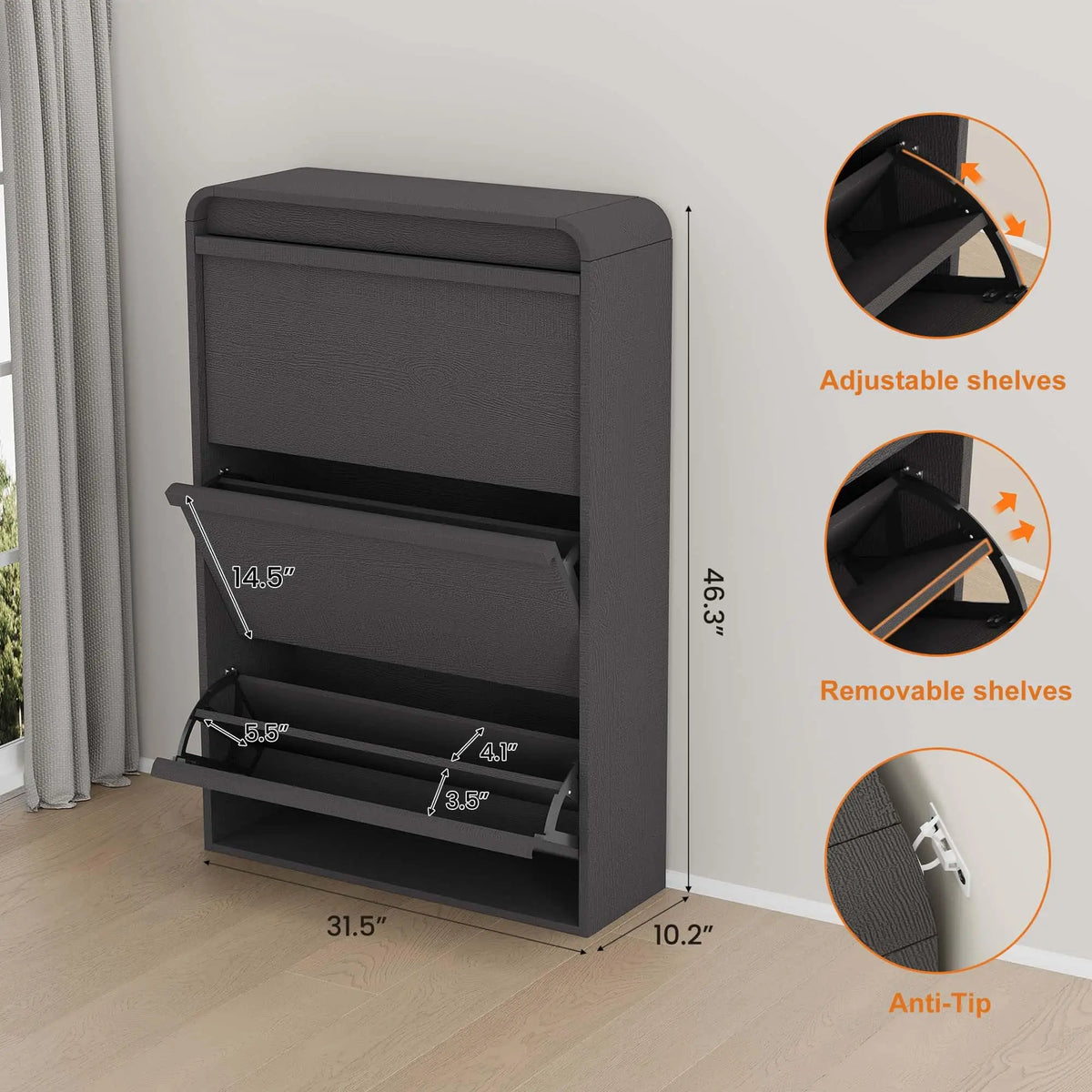 Shoe Cabinet with 3 Flip Drawers, Wooden Shoe Cabinet with Adjustable Shelf