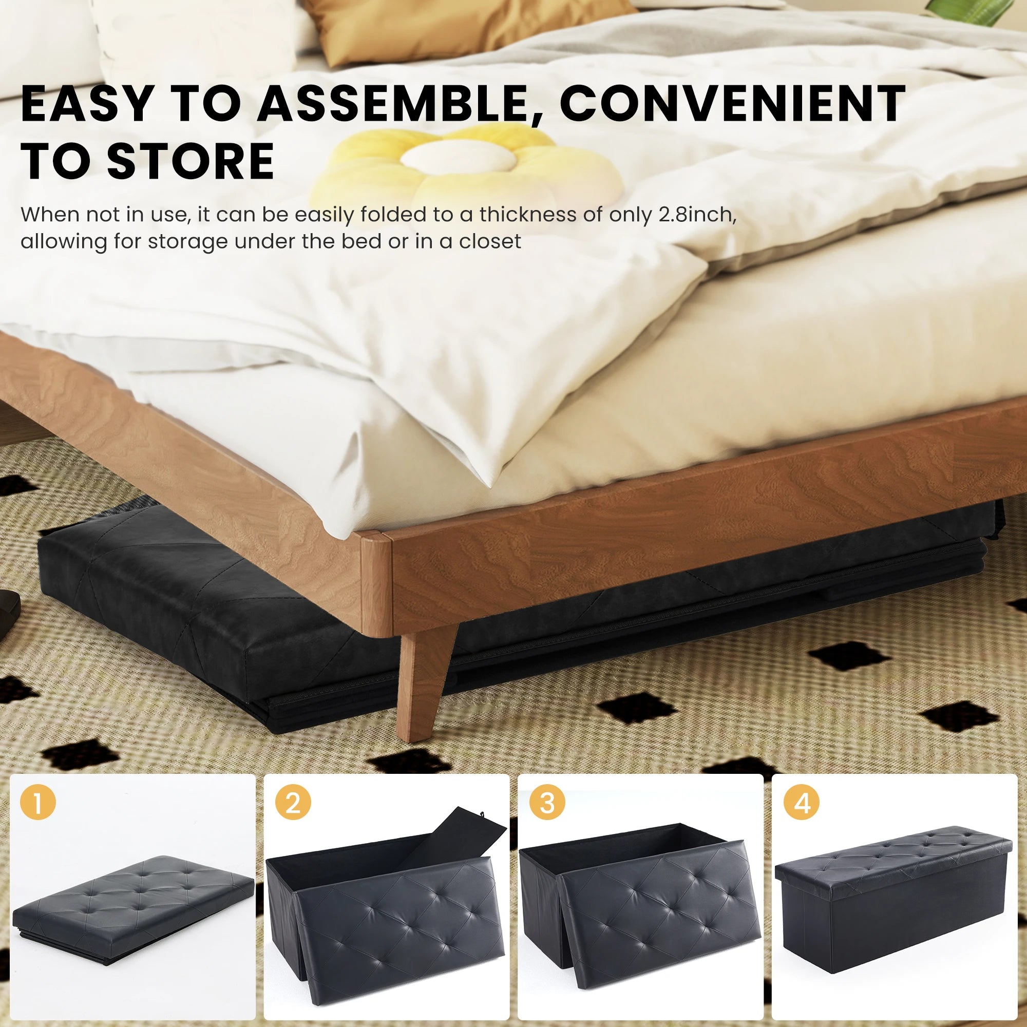 43 Inches Leather Folding Ottoman Storage Footstool Toy Box Bedroom Bench Load 660 lbs Foot Rest
