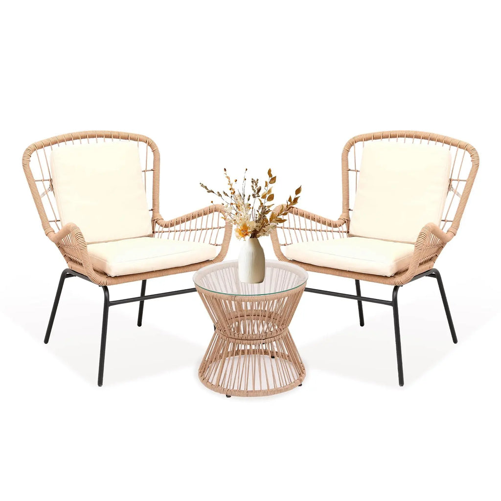 3PCS Patio Furniture Set, Outdoor PE Rattan Bistro Set With 2 Wide Cushioned Chairs & Glass Table
