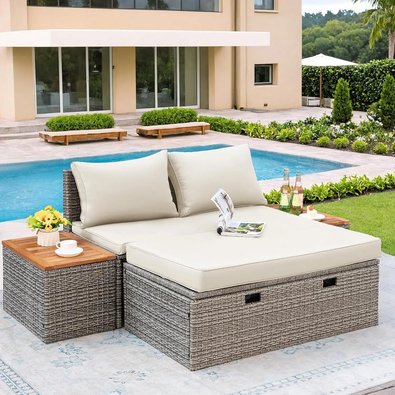 Outdoor Rattan Daybed with 2 Side Tables, with Storage Ottoman