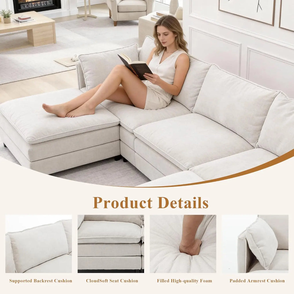 108" L Shaped Couch, Modular Sectional Sofa, Chenille Cloud Couch with Movable Ottoman, 3 Deep Seat Small Sectional,