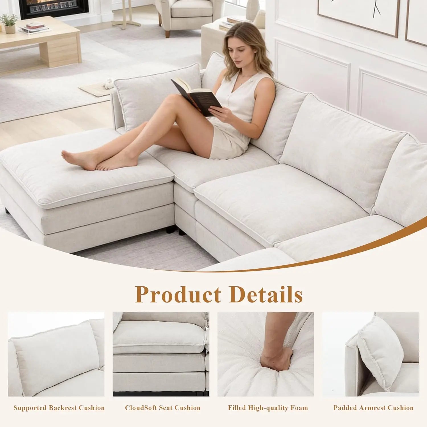 108" L Shaped Couch, Modular Sectional Sofa, Chenille Cloud Couch with Movable Ottoman, 3 Deep Seat Small Sectional,