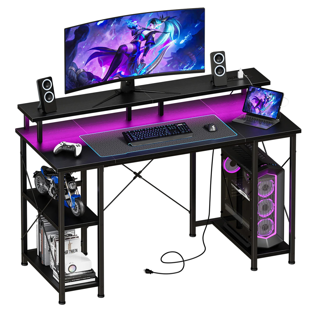 48 Inch Computer Desk with with Shelves Storage Drawers Office Wood Table with LED Lights Power Outlets Gaming Desk
