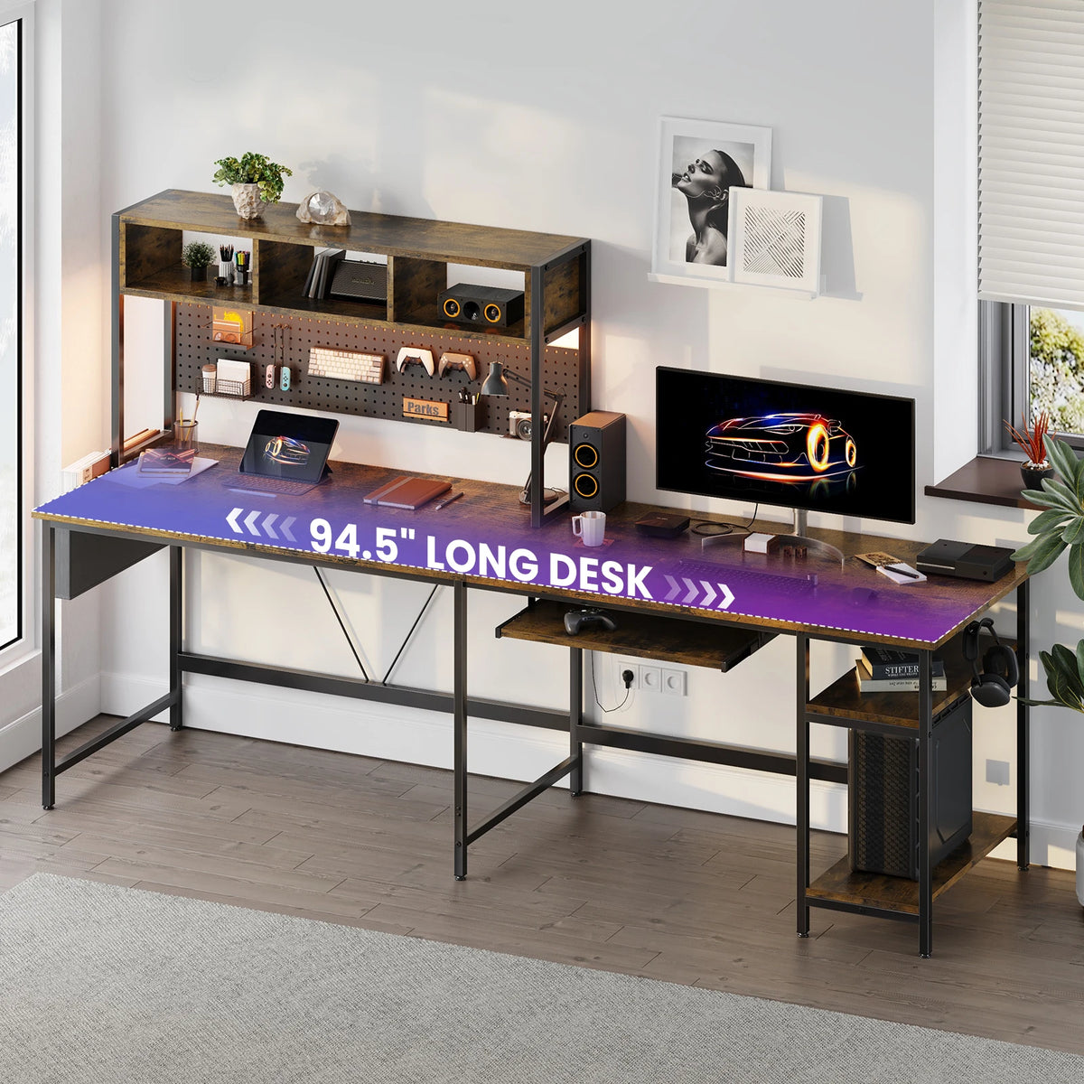 L Shaped Standing Office Computer Desk with LED Lighting Ergonomic Reversible Computer Desks Gaming Table for Home Office Use Workstation