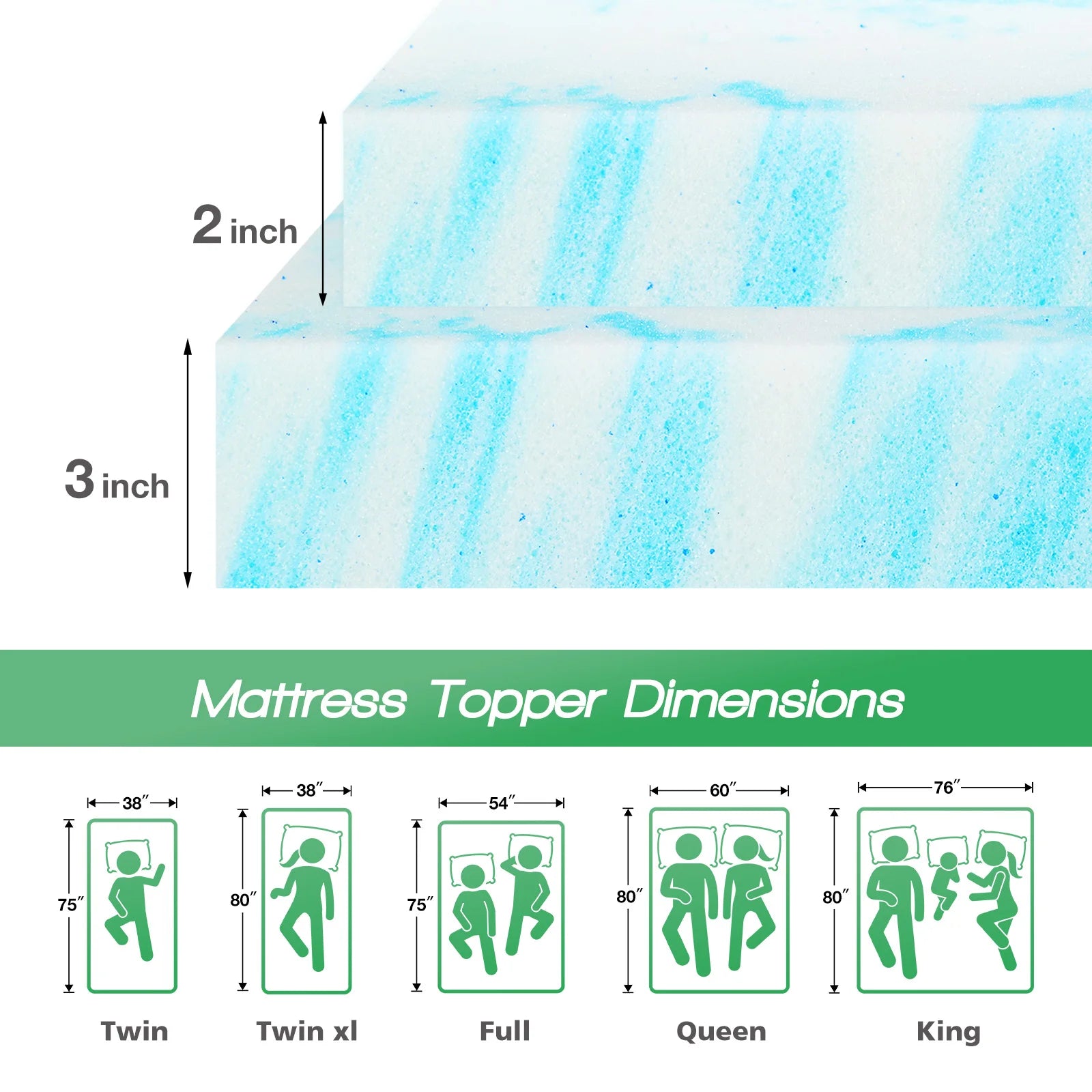 2-3 Inch Memory Foam Mattress Topper Queen Size Thick Gel  Cooling Mattress Soft and Breathable Bed Topper
