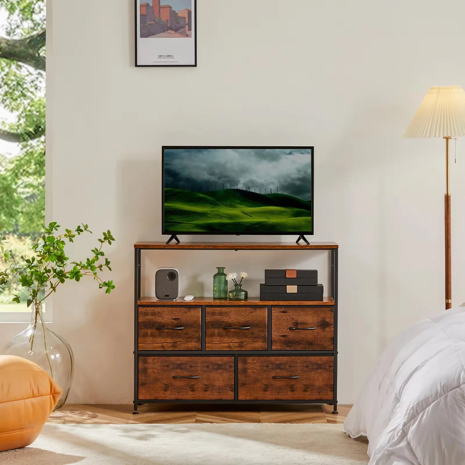 Fireplace TV Stand Dresser For Bedroom With 5 Fabric Drawers Storage Chest