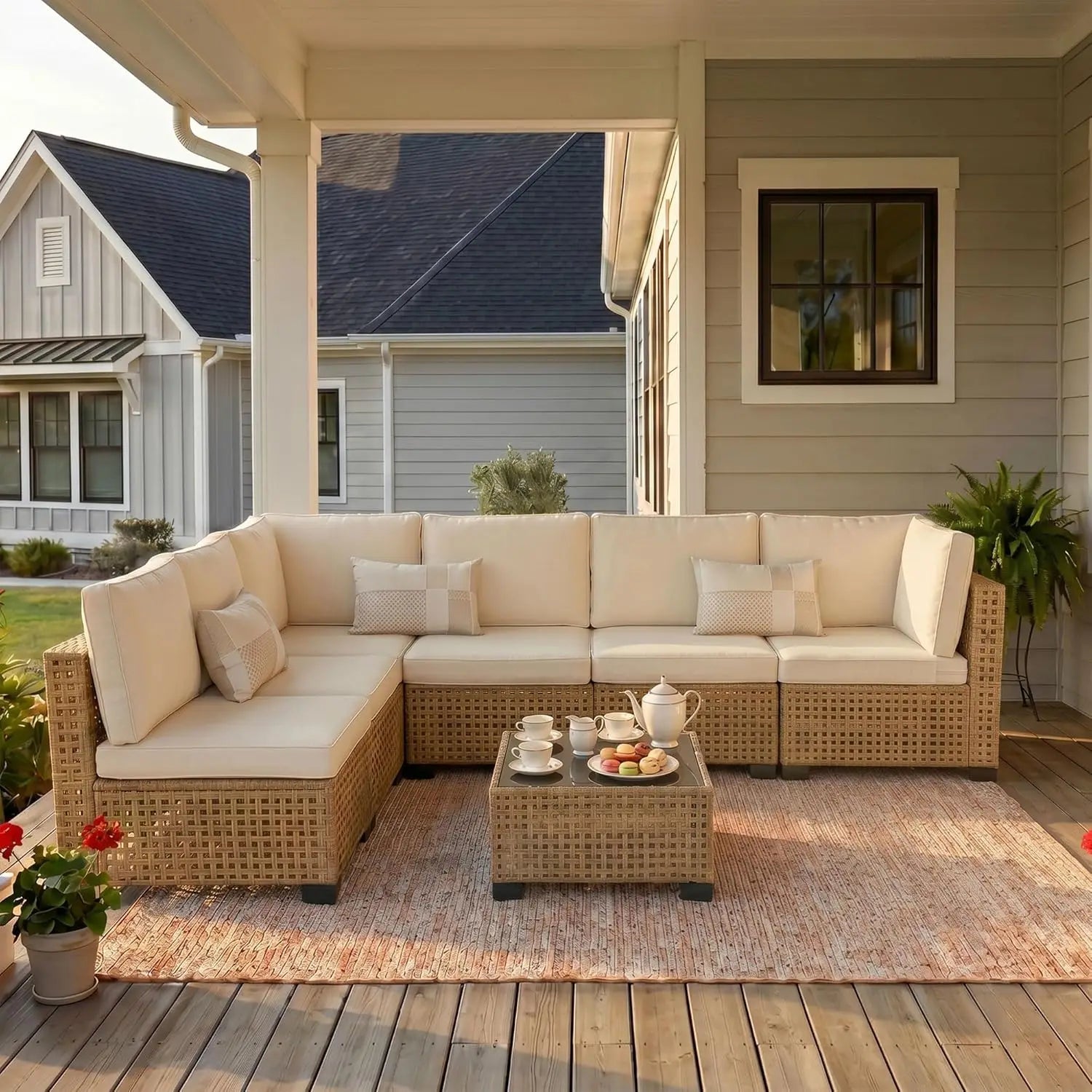 7-Piece All-Weather Rattan Patio Furniture Set Outdoor Modular Wicker Sectional Sofa