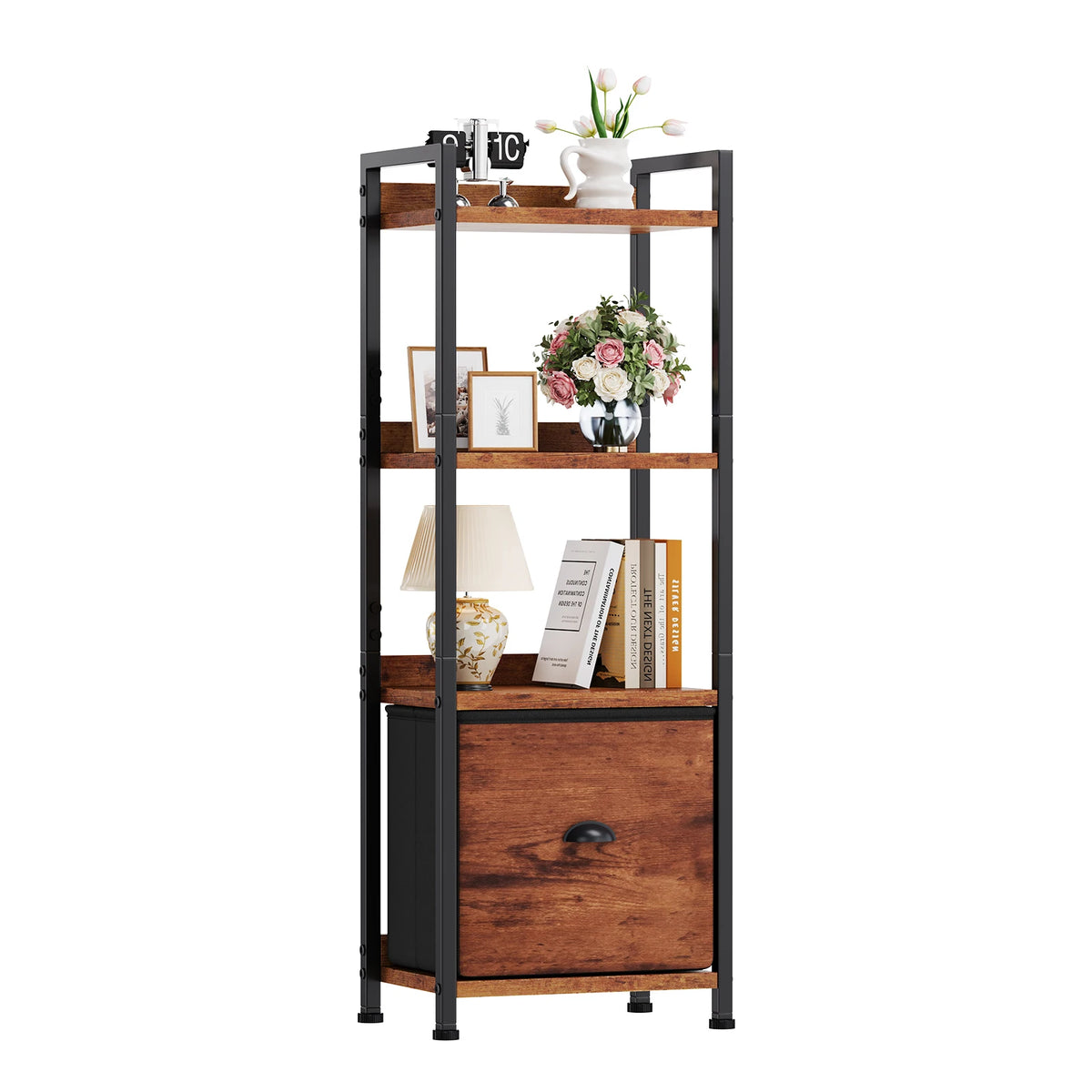4-5 Tier Bookshelf with Fabric Drawer Standing Open Book Shelf Organizer Wood and Metal Storage Shelf Organizer in Living Room Bedroom