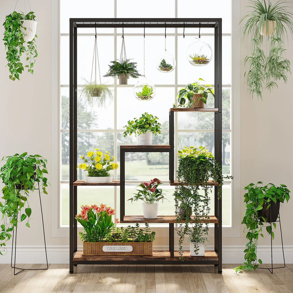 5 Tiers Tall Indoor Plant Stand 70.9 inches Large Metal Plant Shelf with 10 PC S Hanging Hooks for Garden