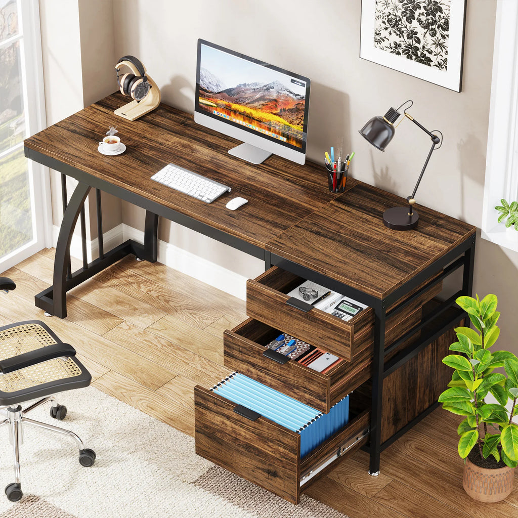 Computer Desk with 3 Drawers, 59-Inch PC Desk with Reversible Drawers, Writing Table Workstation
