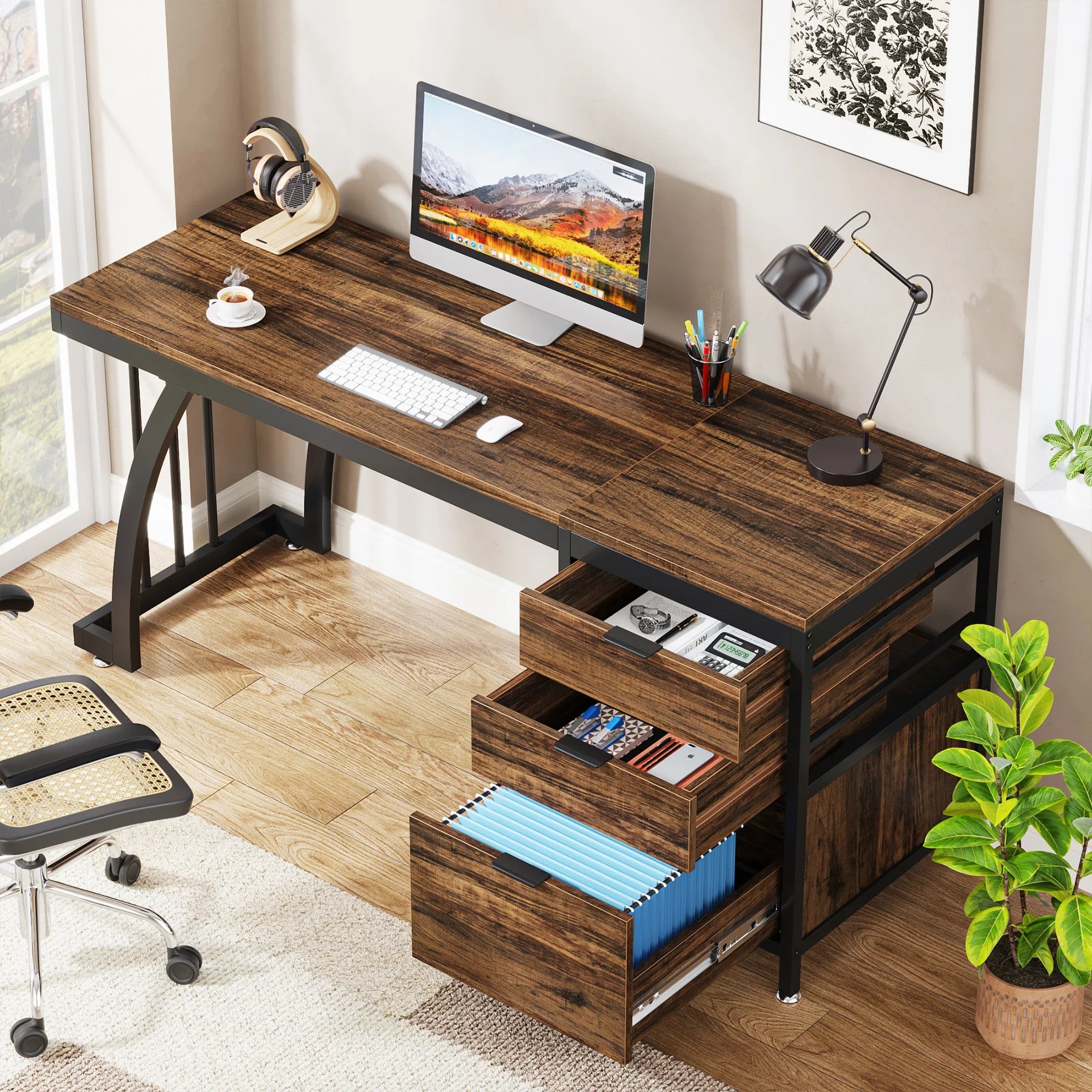 Computer Desk with 3 Drawers, 59-Inch PC Desk with Reversible Drawers, Writing Table Workstation