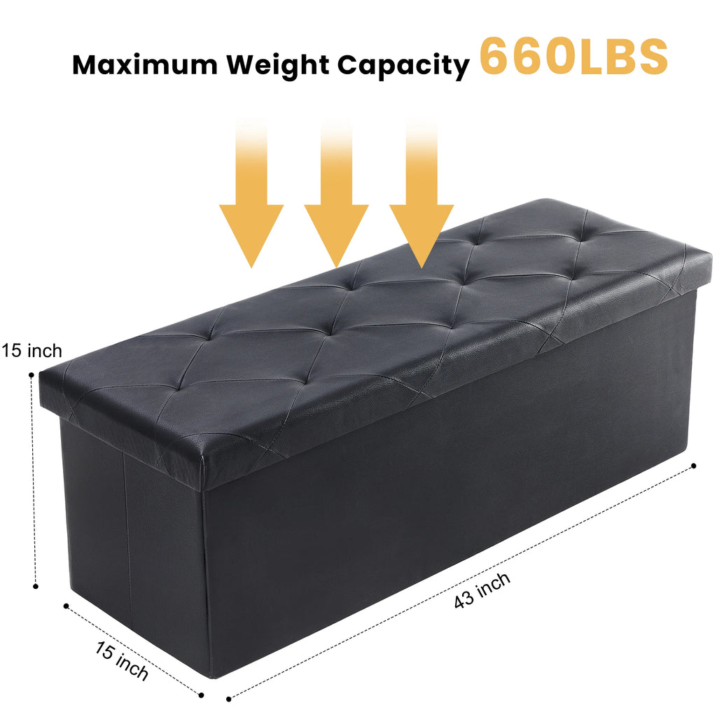 43 Inches Leather Folding Ottoman Storage Footstool Toy Box Bedroom Bench Load 660 lbs Foot Rest