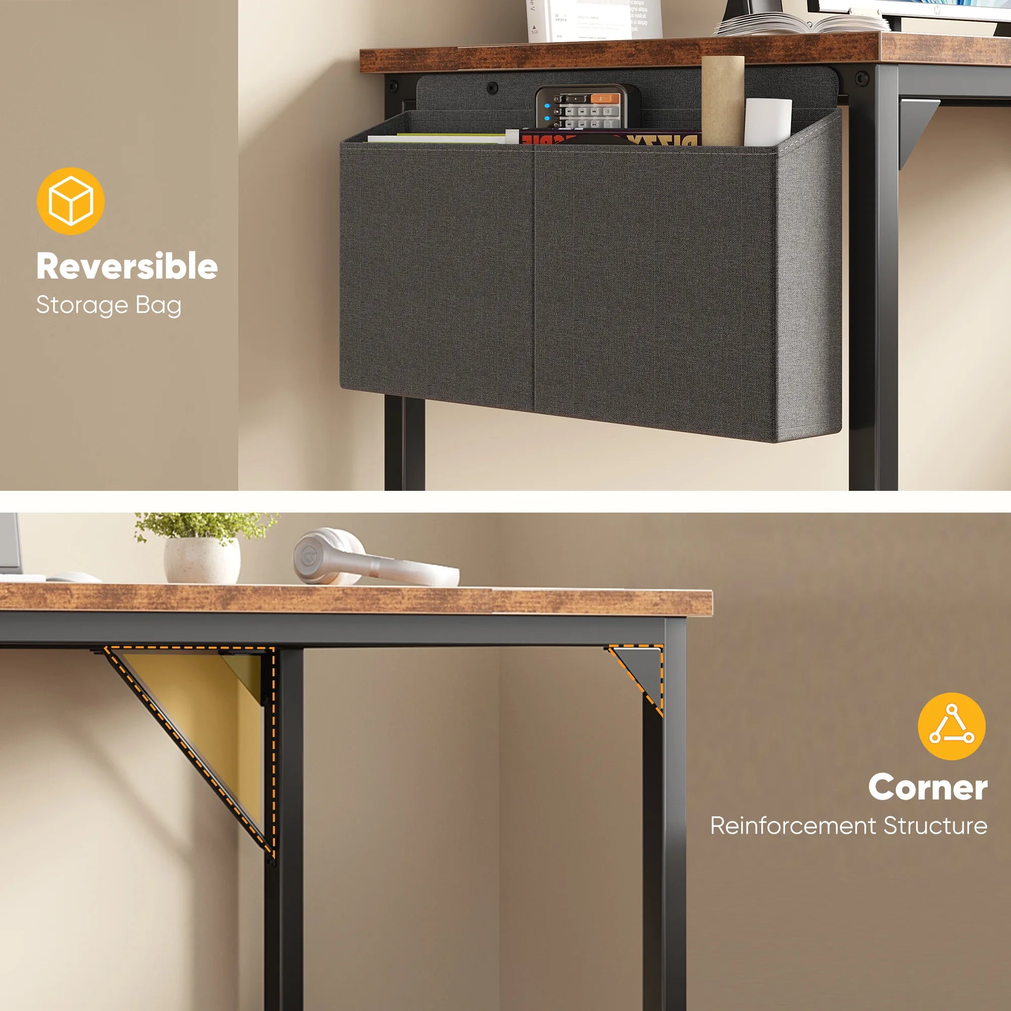 31IN to 55IN Computer Office Desk Writing Study Office Gaming Table with Storage Bag Metal Frame Wood Tabletop Easy Assembly