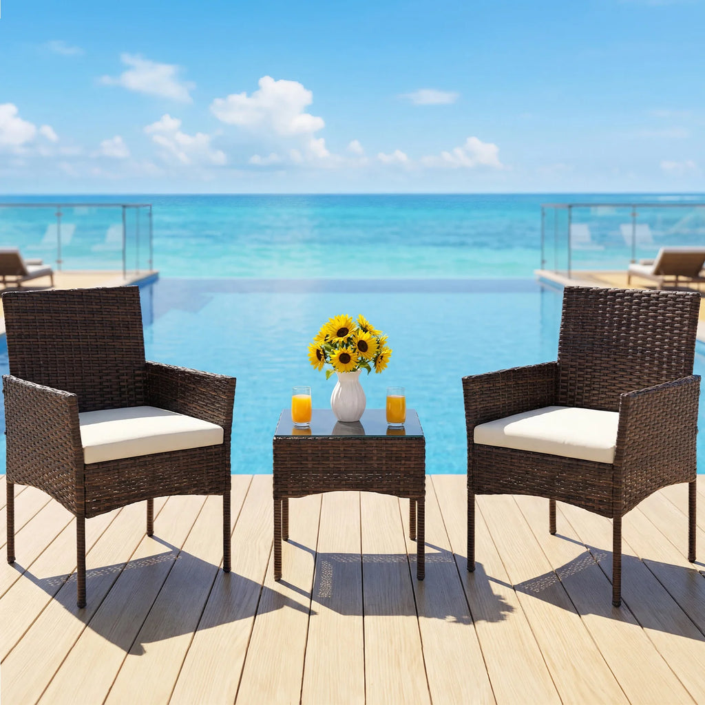 Large Size 3 Pieces Outdoor Patio Furniture Set All-Weather Wicker Bistro Set with Removable Cushions and Glass Table Garden