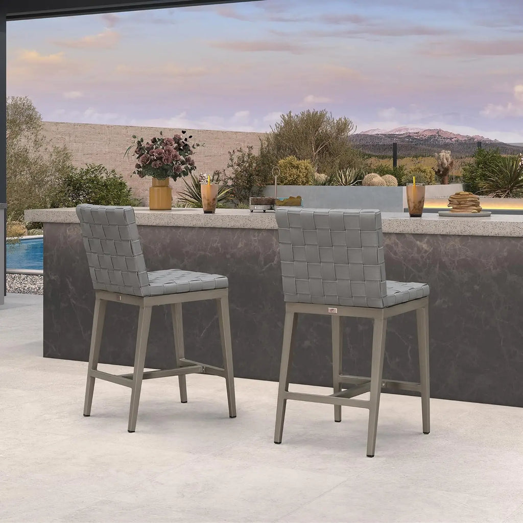 Counter Height Bar Stools Set of 2 PU Leather Aluminum Frame Patio Poolside Garden Kitchen Island Grey, Customized