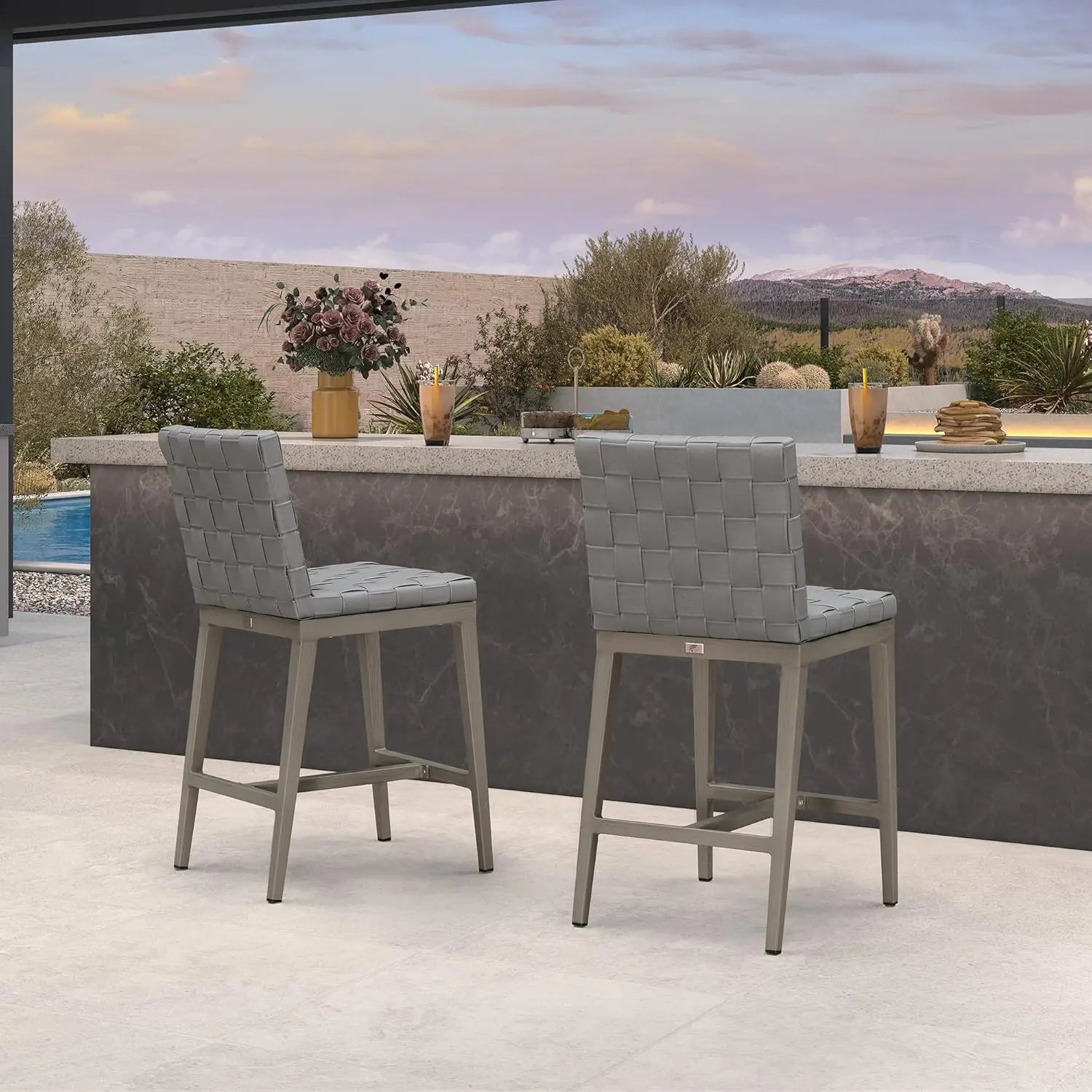 Counter Height Bar Stools Set of 2 PU Leather Aluminum Frame Patio Poolside Garden Kitchen Island Grey, Customized