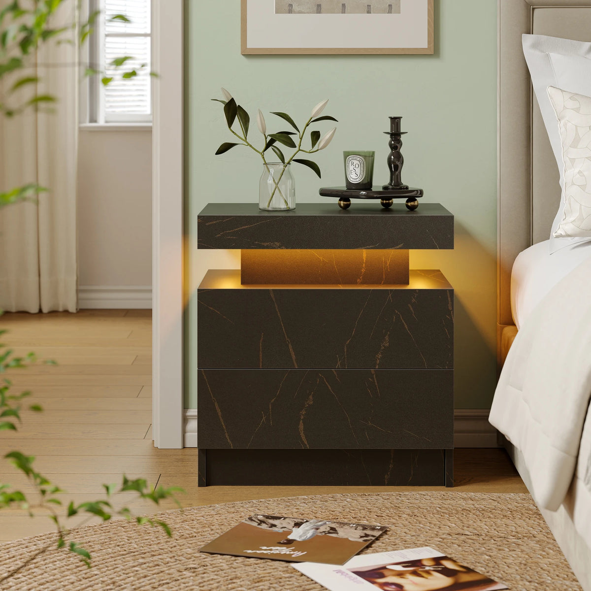 Cube LED Nightstands with 2 Drawers, End Table with RGB LED Lights for Bedroom Living Room, White Bedside Table