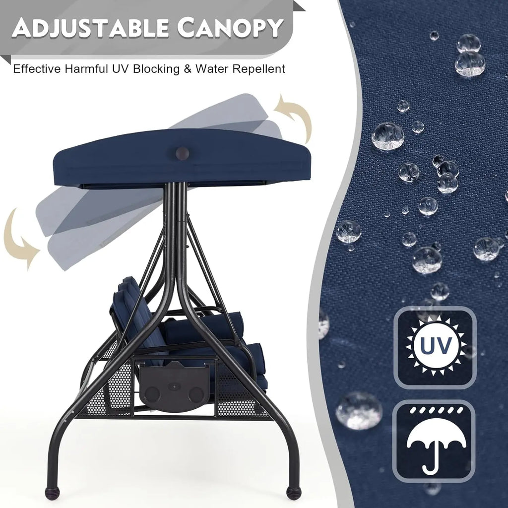 3 Seat Outdoor Porch Swing Bed Adjustable Canopy Convertible Patio Glider Cup Holder Cushions Pillow Backyard Customized