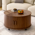 Round Coffee Table with Storage,31.5" Coffee Table with 360° Curved Sliding Door,