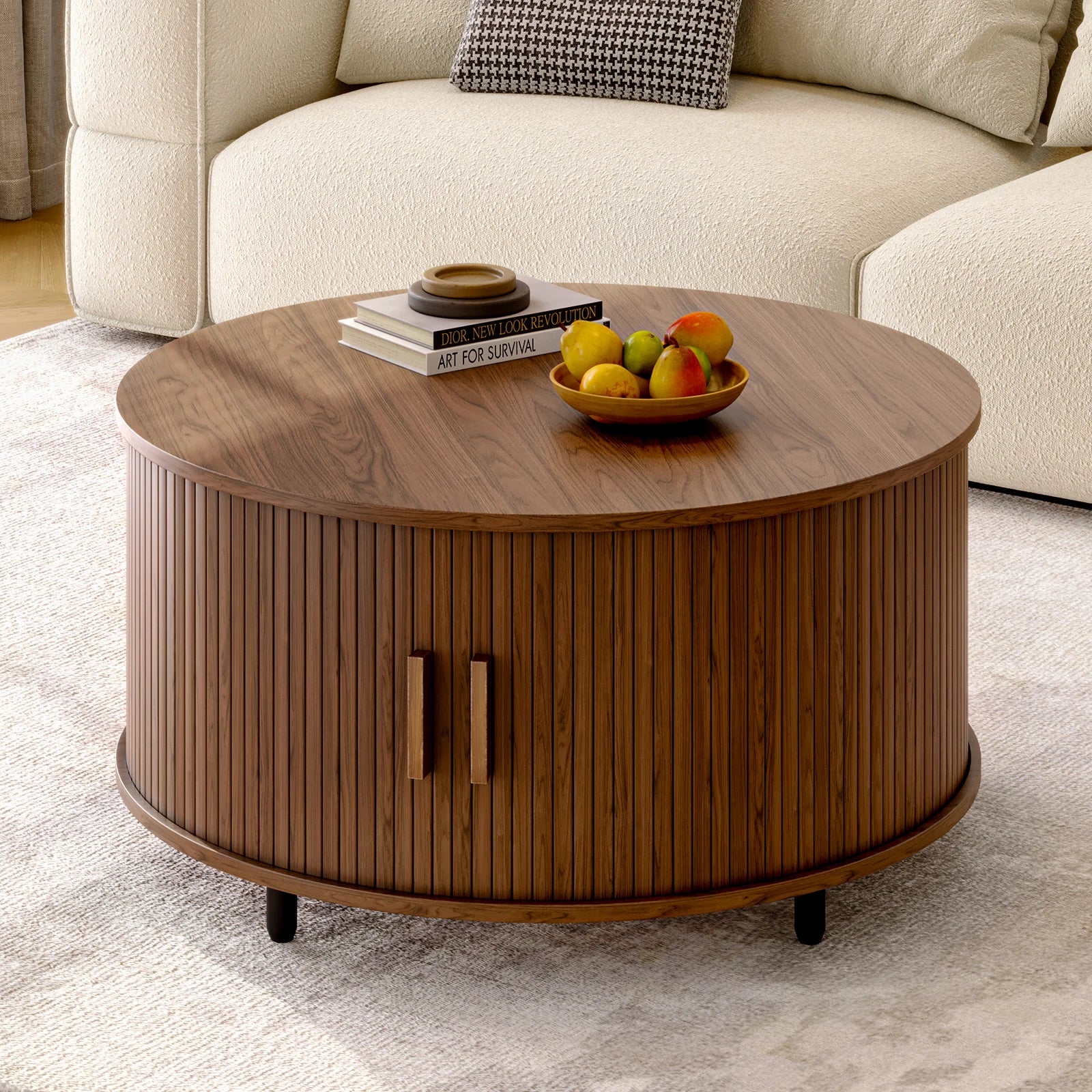 Round Coffee Table with Storage,31.5" Coffee Table with 360° Curved Sliding Door,
