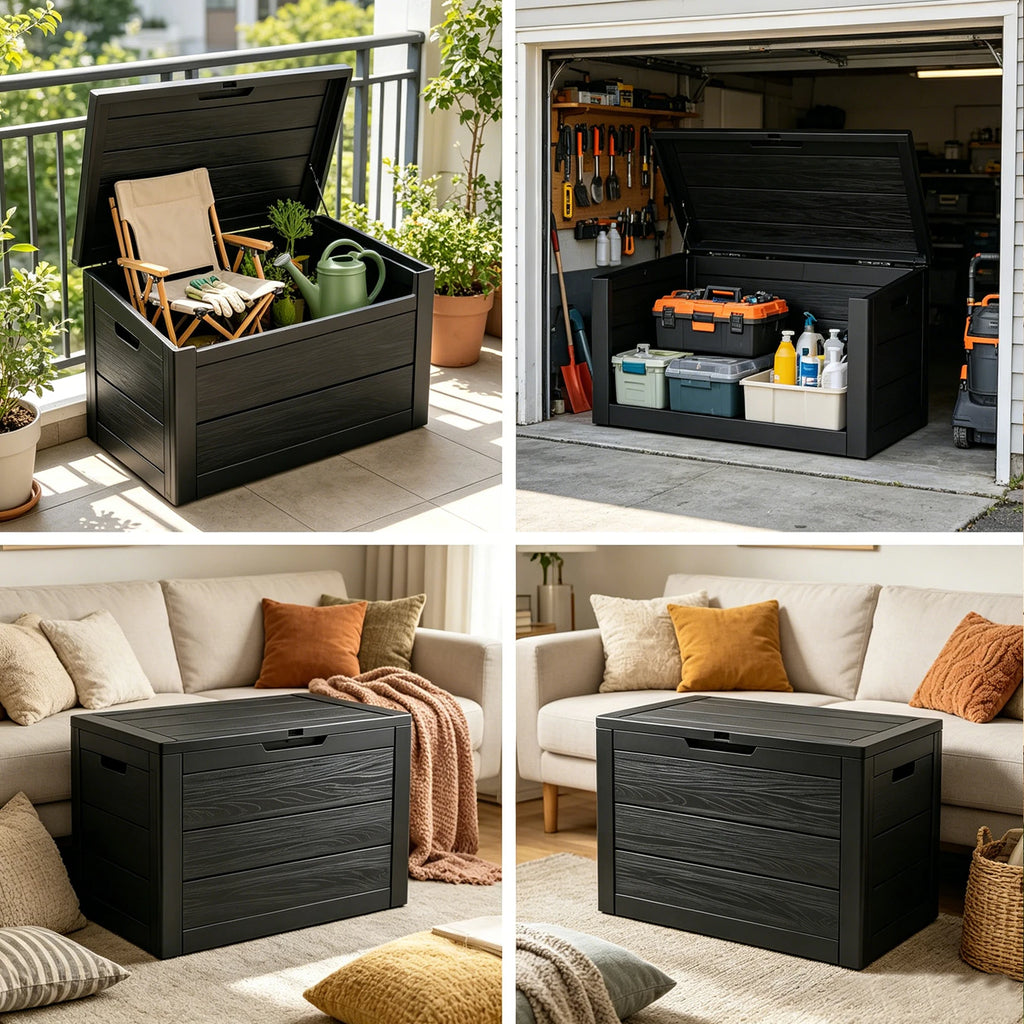 70 Gallon Outdoor Deck Storage Box, Waterproof Wood Grain Resin Patio Storage Bench