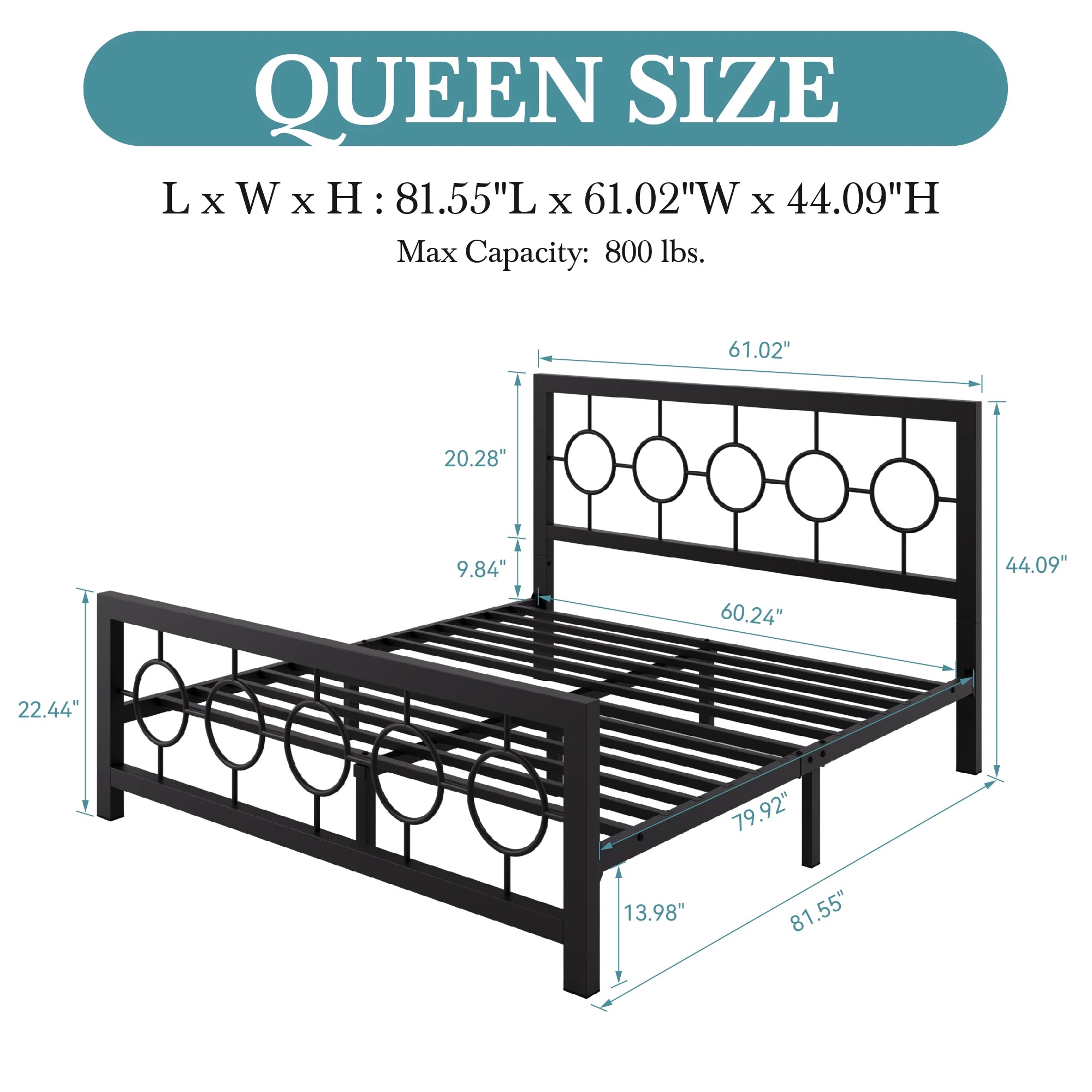 Metal Platform Bed Frame with Vintage Circular Design Headboard and Footboard, Extra Under-Bed Storage