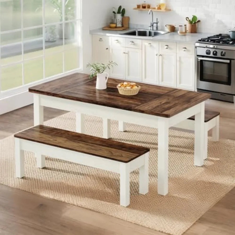 Farmhouse Kitchen Table Set for 4-6, 55-Inch Wooden Dining Table with 2 Benches, Space Saving 3 Pieces Heavy Duty Dinette