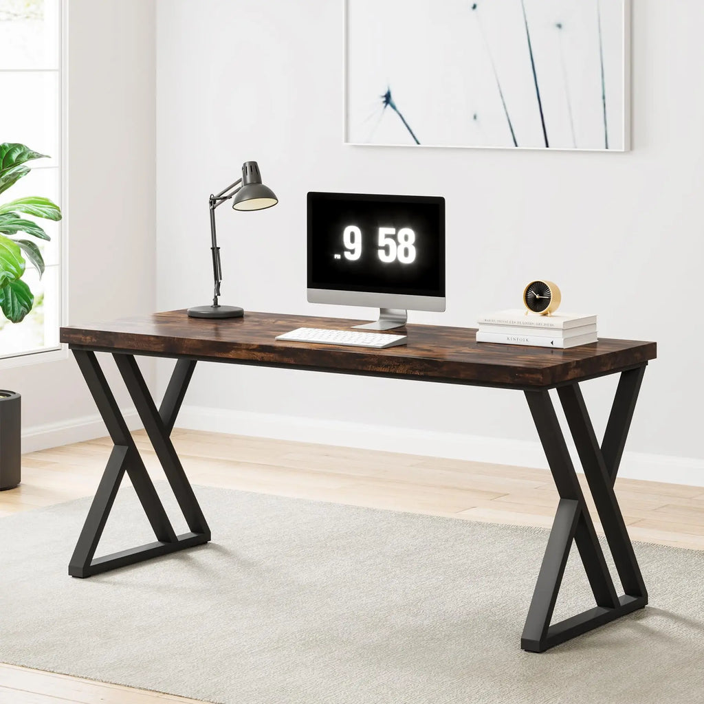 Writing Computer Desk, 55 inch Heavy Duty Study Desk with Z-Shaped Metal Leg, Modern Simple