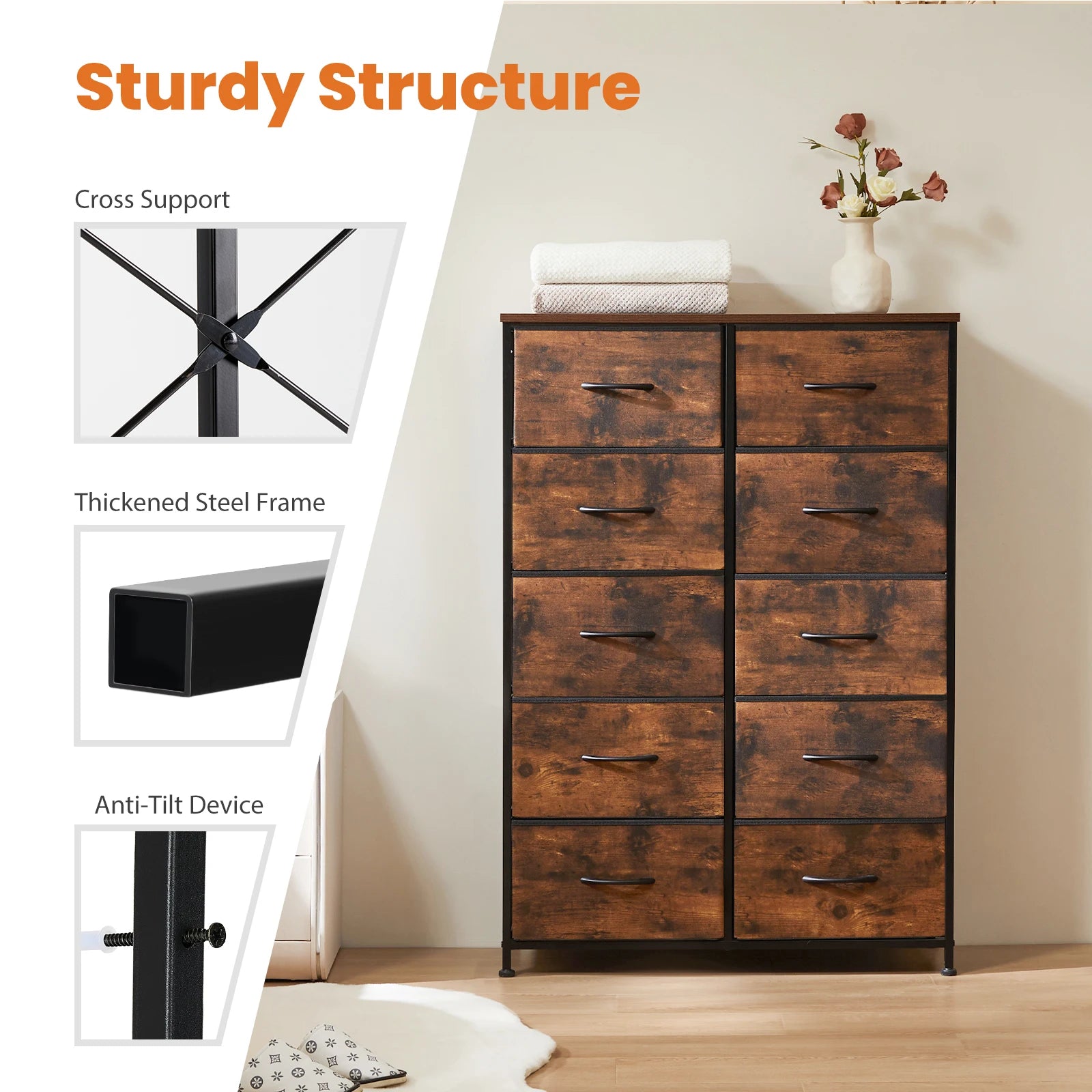JHK Bedside Table For Bedroom With 10 Fabric Drawers