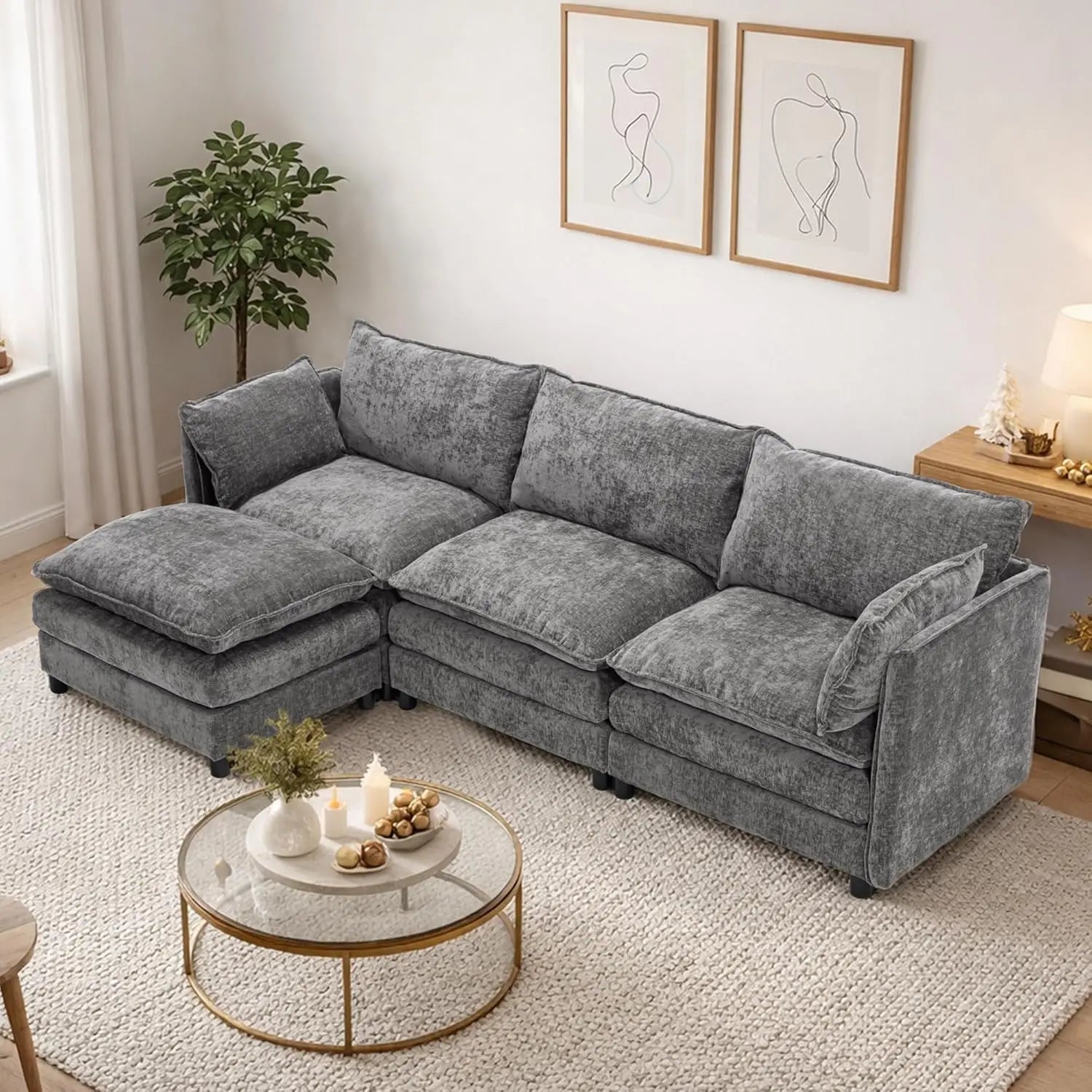 108" L Shaped Couch, Modular Sectional Sofa, Chenille Cloud Couch with Movable Ottoman, 3 Deep Seat Small Sectional,