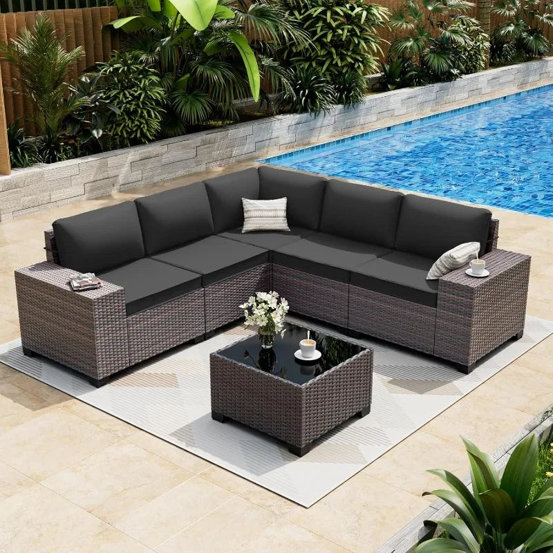 6 Pieces Patio Furniture Set, Oversized Seat/Armrest and High Back Wicker Sectional