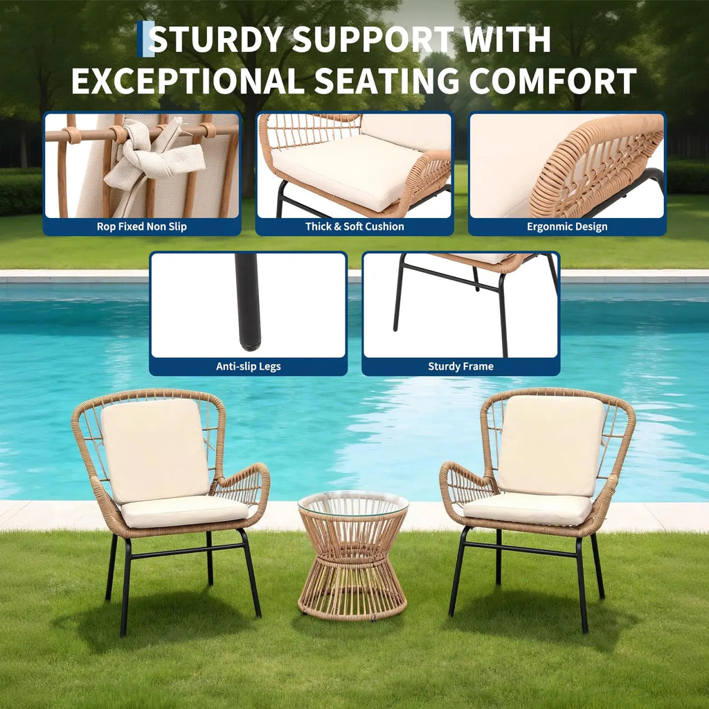 3PCS Patio Furniture Set, Outdoor PE Rattan Bistro Set With 2 Wide Cushioned Chairs & Glass Table