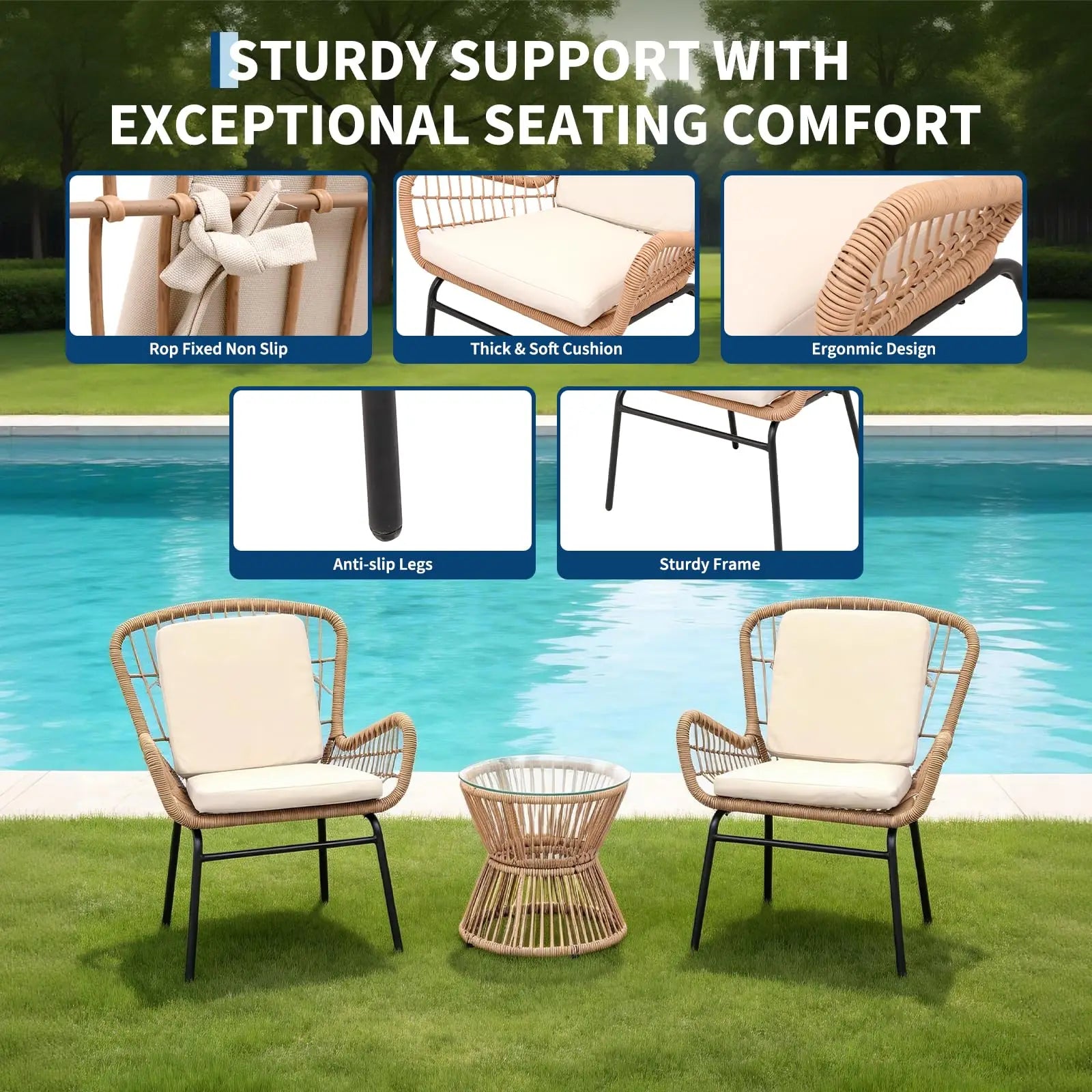3PCS Patio Furniture Set, Outdoor PE Rattan Bistro Set With 2 Wide Cushioned Chairs & Glass Table