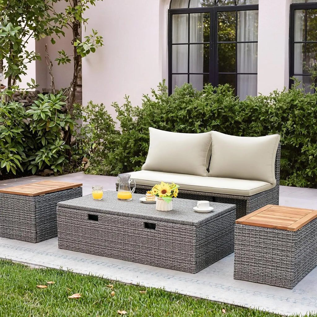 Outdoor Rattan Daybed with 2 Side Tables, with Storage Ottoman