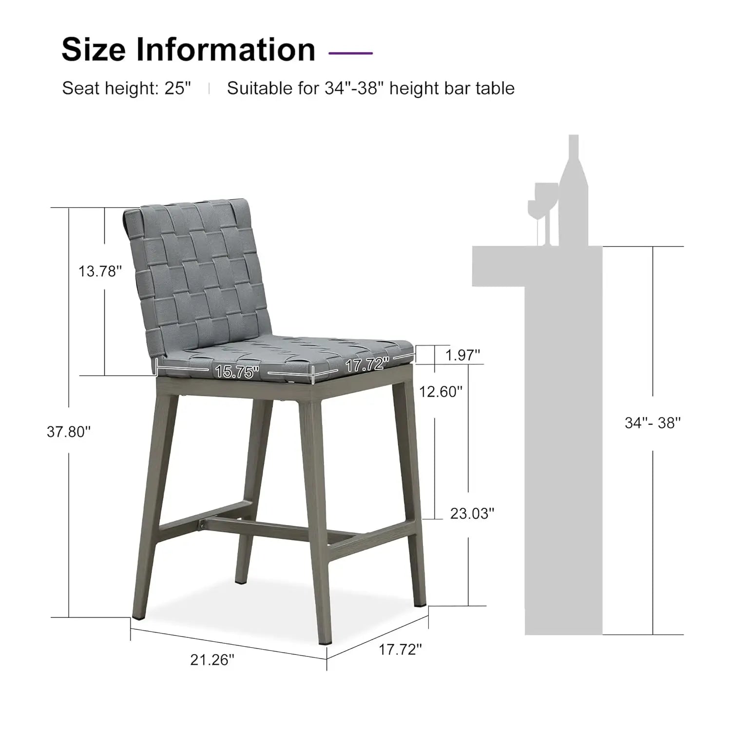 Counter Height Bar Stools Set of 2 PU Leather Aluminum Frame Patio Poolside Garden Kitchen Island Grey, Customized