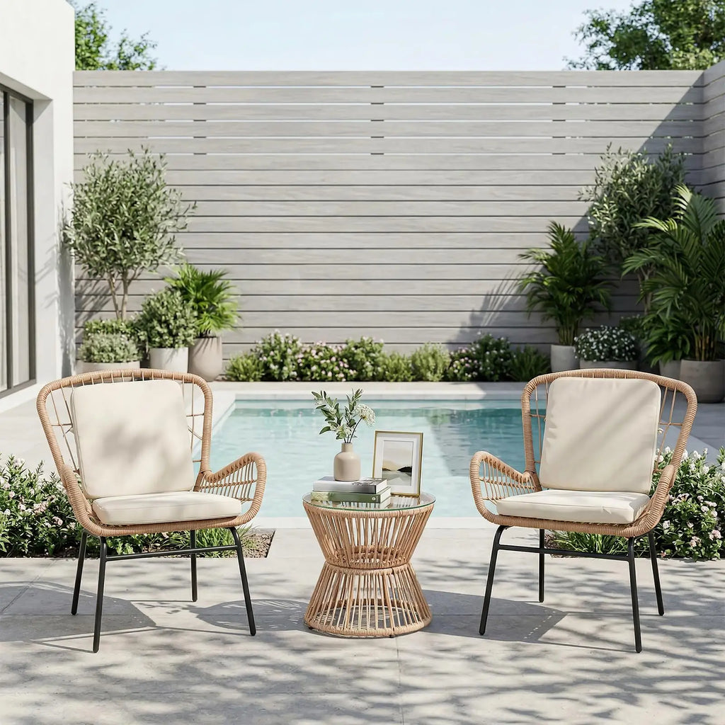 3PCS Patio Furniture Set, Outdoor PE Rattan Bistro Set With 2 Wide Cushioned Chairs & Glass Table
