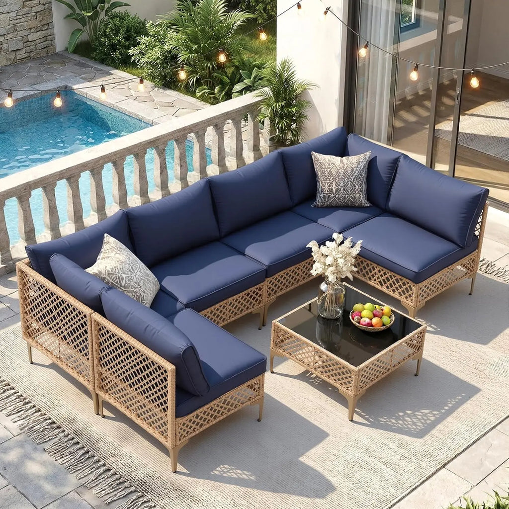 7-Piece Wicker Patio Sectional Sofa with Cushions & Glass Coffee Table for Porch Garden