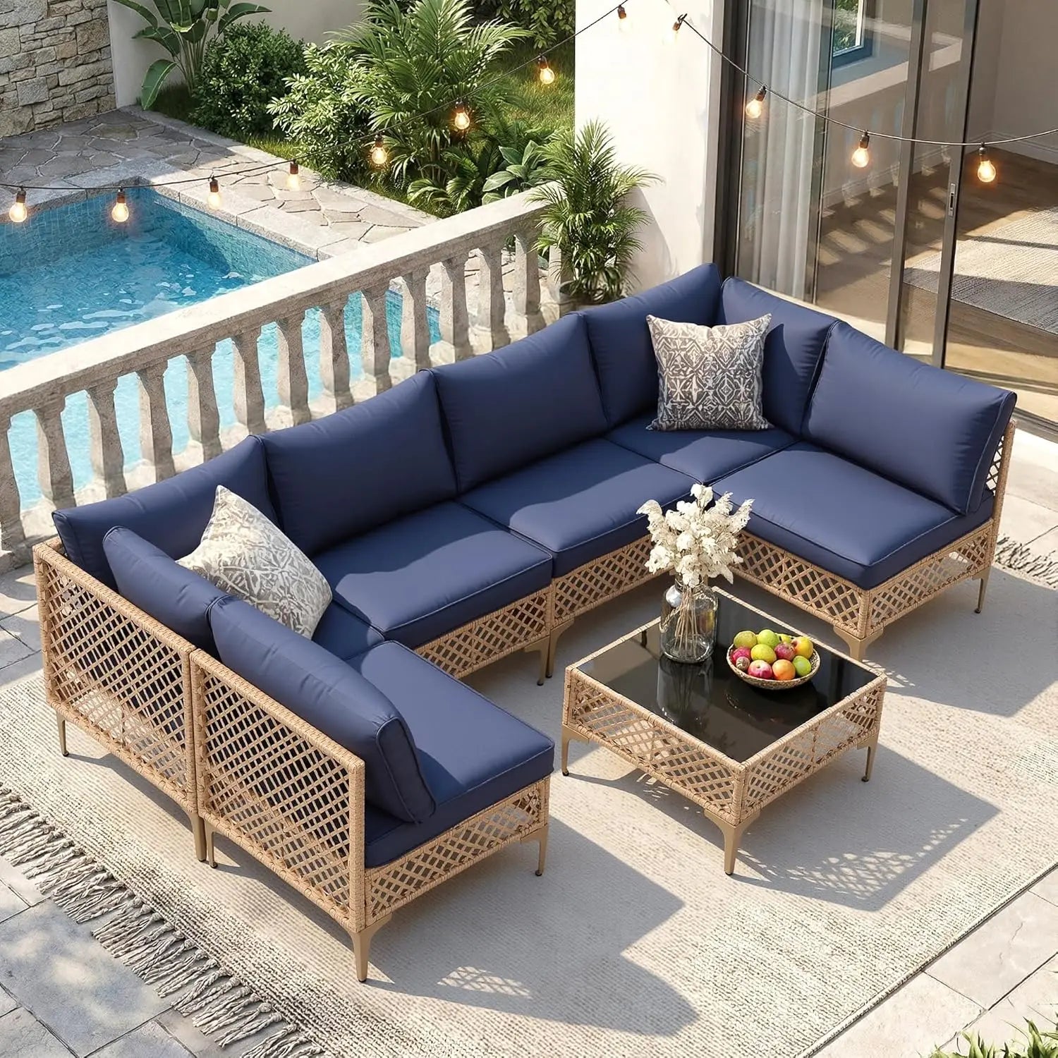 7-Piece Wicker Patio Sectional Sofa with Cushions & Glass Coffee Table for Porch Garden