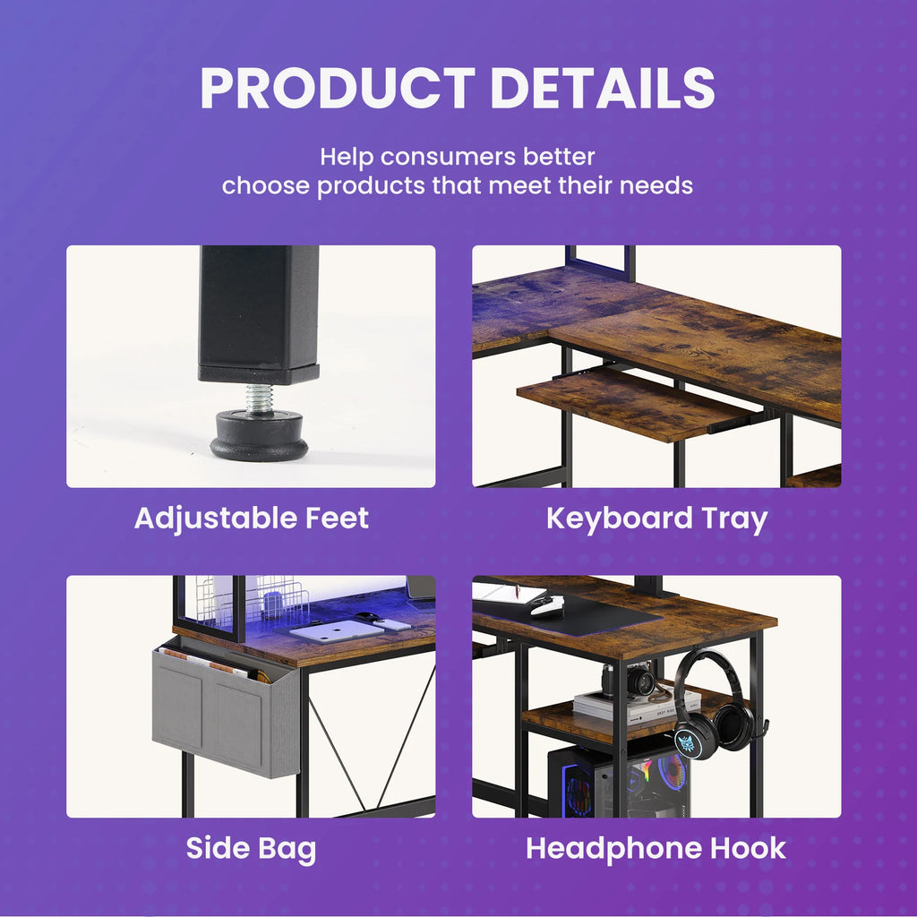 L Shaped Standing Office Computer Desk with LED Lighting Ergonomic Reversible Computer Desks Gaming Table for Home Office Use Workstation