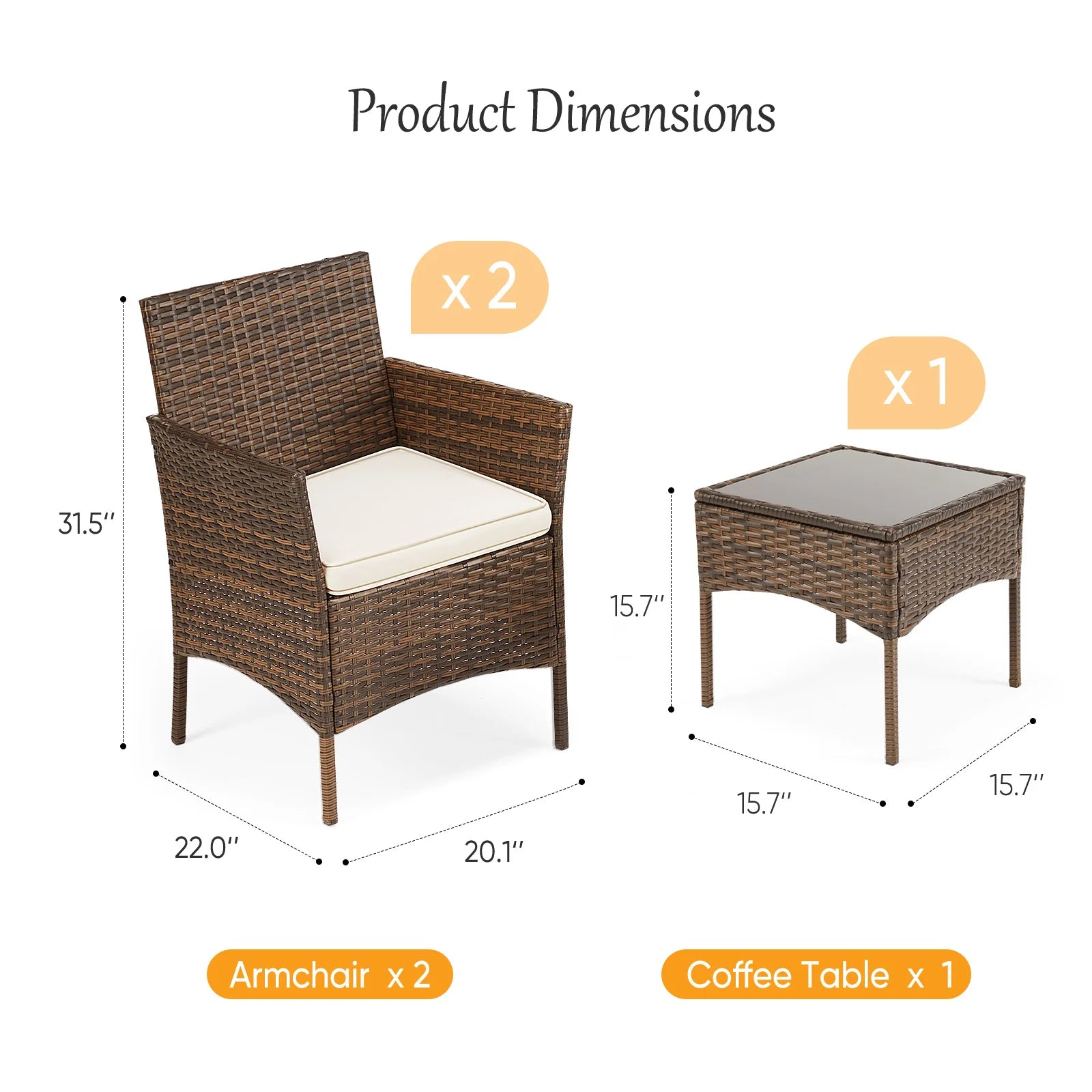 3 Pieces Outdoor Patio Furniture Wicker Rattan Patio Chairs with Soft Cushion and Glass Table