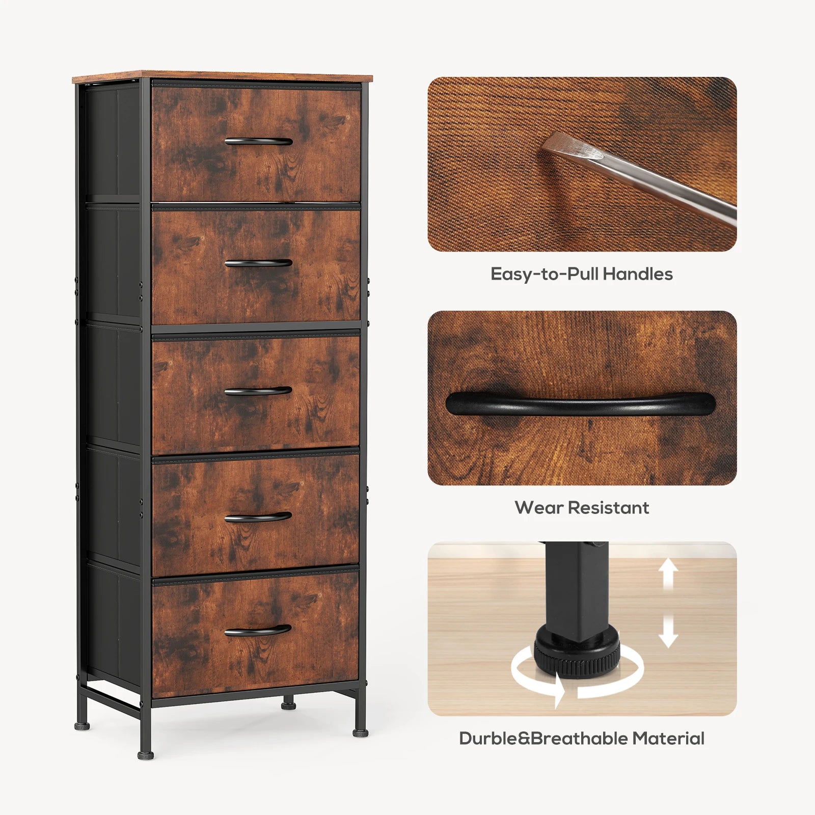48IN Dresser For Bedroom With 5 Fabric Drawers Nightstand Wardrobe