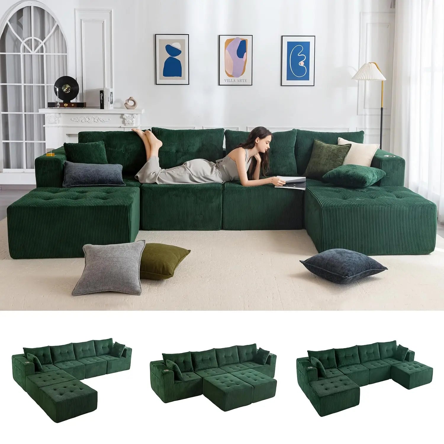 129.5" U Shaped Modular Sectional Sofa with 2 Ottomans Tufted Cloud 6 Seat Sleeper