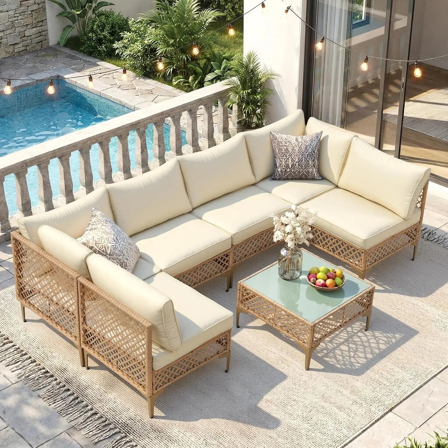 7-Piece Wicker Patio Sectional Sofa with Cushions & Glass Coffee Table for Porch Garden