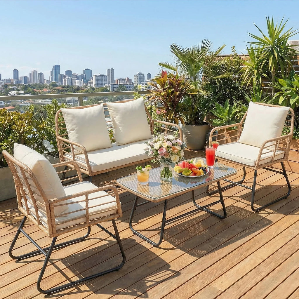 Outdoor Wicker Patio Furniture Set 4 Pieces with Soft Cushion and Glass.