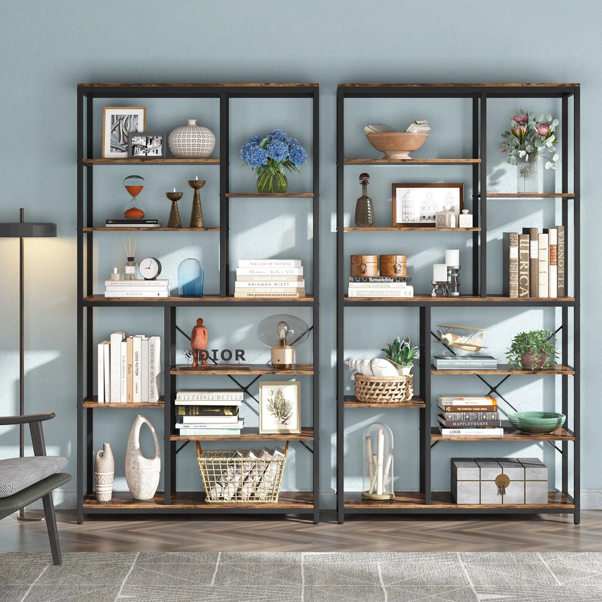 79 Inches Bookcase with Open Shelves, 9-Tier Industrial Bookshelf, 10 Cube Storage Shelves Display Shelf