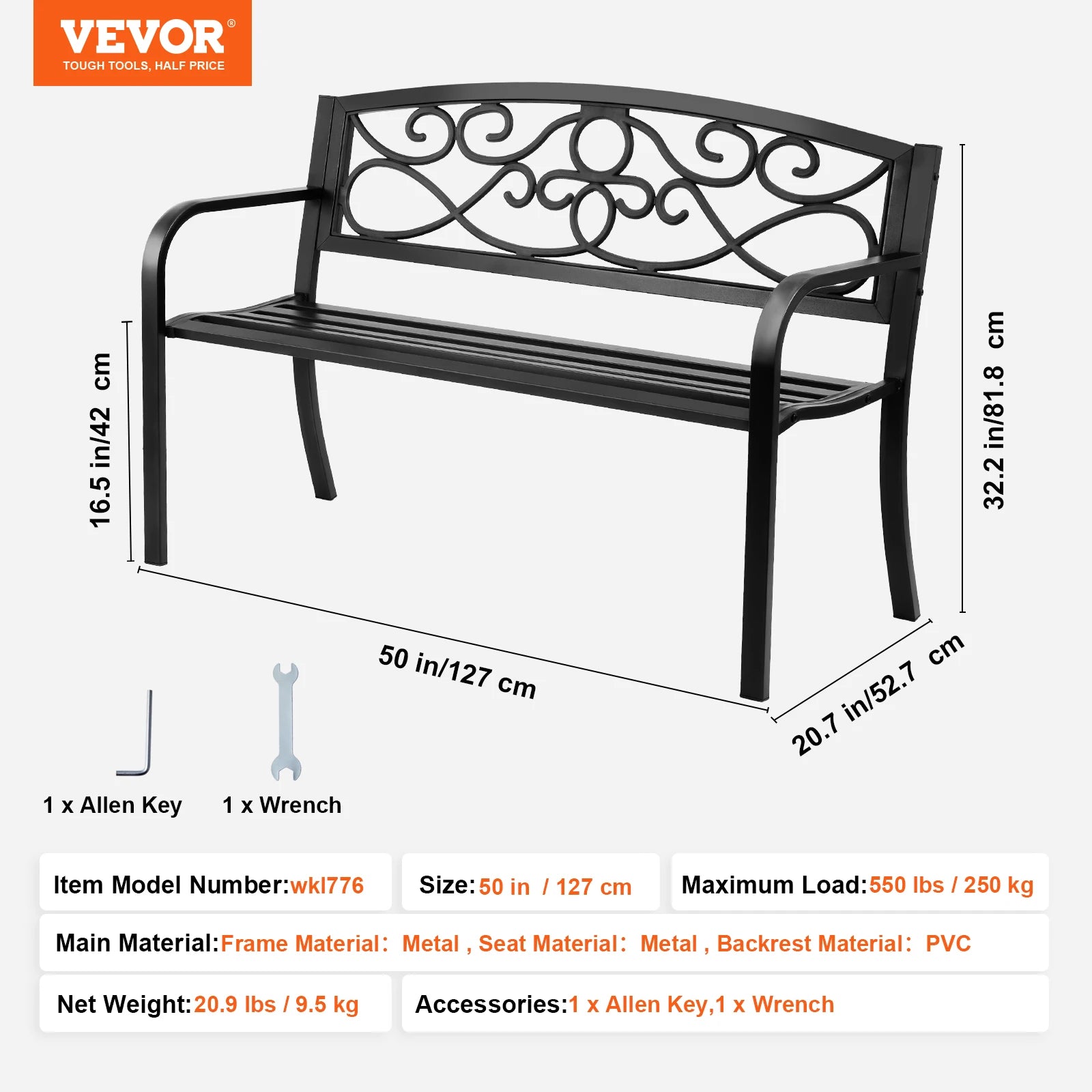 Outdoor Bench Wooden Metal Garden Bench.