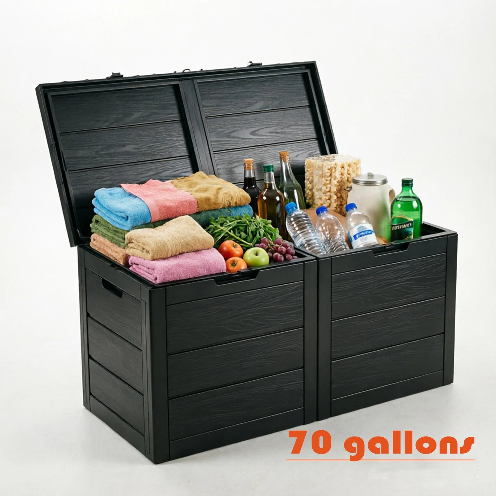 70 Gallon Outdoor Deck Storage Box, Waterproof Wood Grain Resin Patio Storage Bench
