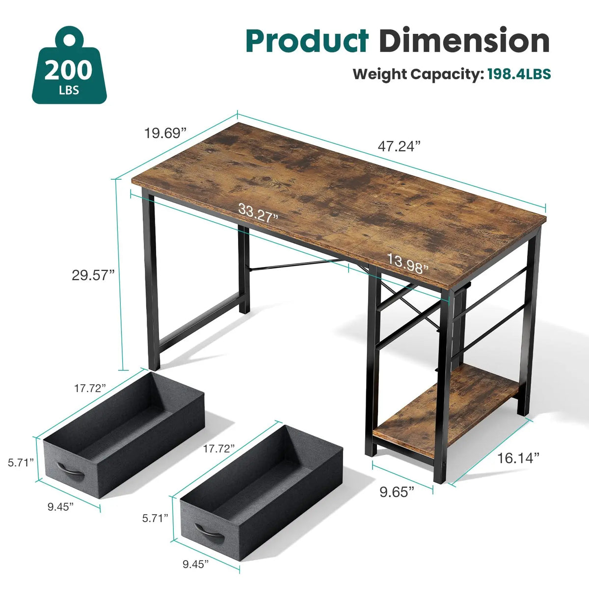47IN Computer Desk with 2 Drawers For Study Office  Wood Table with Adjustable Position Drawers