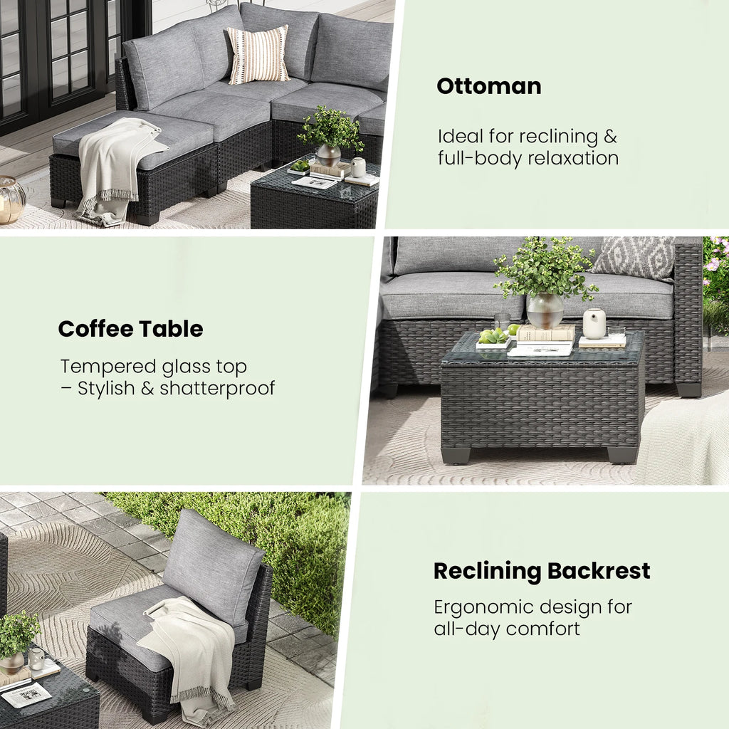 Patio Sectional Sofa Set, Outdoor Furniture with Ottoman
