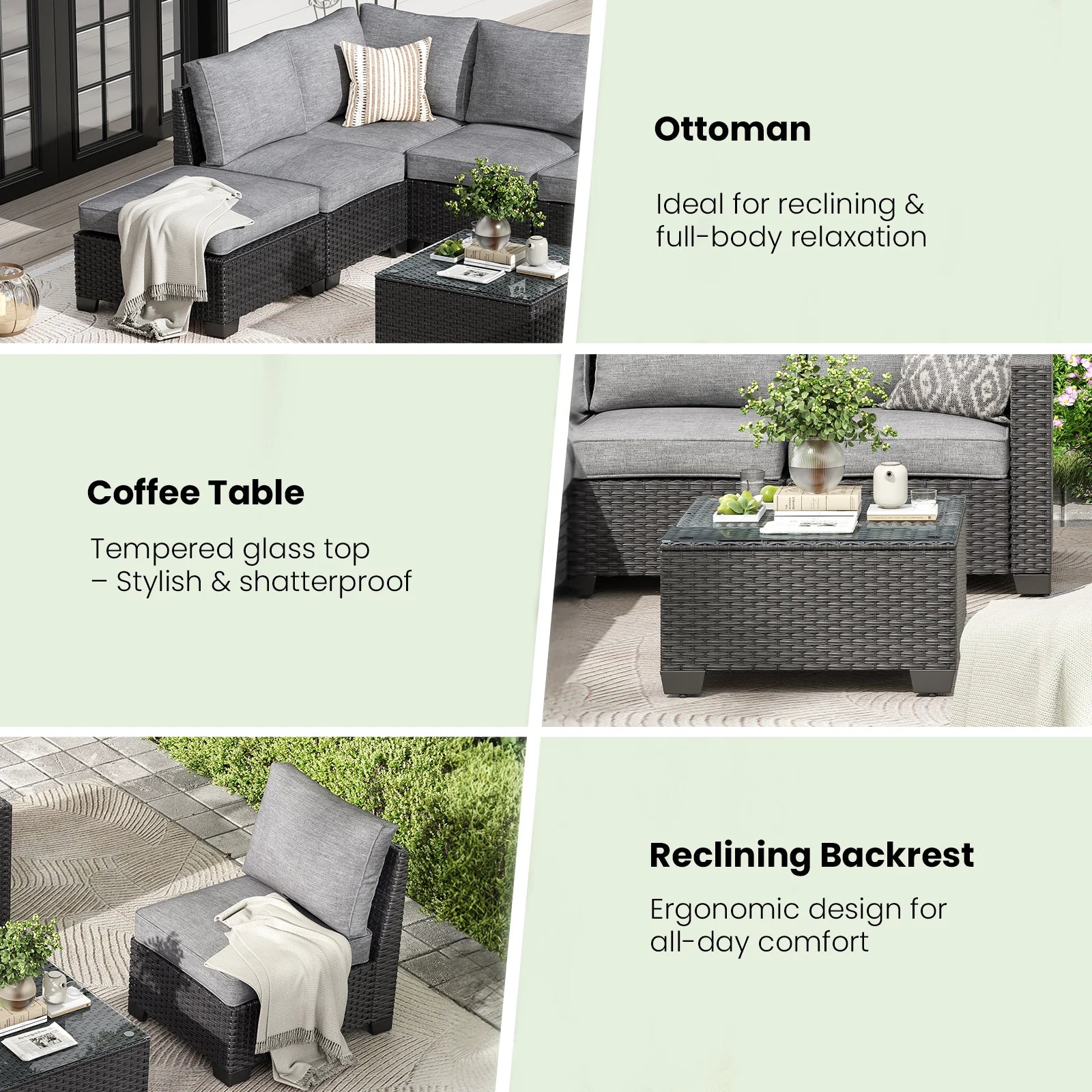 Patio Sectional Sofa Set, Outdoor Furniture with Ottoman